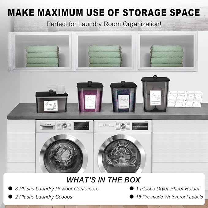 Zingbee 4 Pack Laundry Detergent Containers & Dryer Sheet Holder with Black Lids, Scoops & Labels - Plastic Laundry Organizer and Storage Jars for Pods, Detergent, Scent Booster