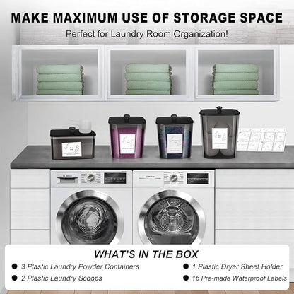 Zingbee 4 Pack Laundry Detergent Containers & Dryer Sheet Holder with Black Lids, Scoops & Labels - Plastic Laundry Organizer and Storage Jars for Pods, Detergent, Scent Booster