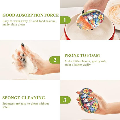 Flower Gnome Kitchen Scrub Sponges, Pop-up Kitchen Cleaning Sponges Reusable Dish Washing Sponges for Bathroom Household Cleaning 3 Pack - Non Scratch Scrubber