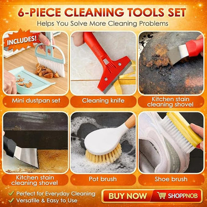 Broom and Dustpan Set with Long Handle and 6 Bonus Cleaning Tools, Upright Standing Combo with Self-Cleaning Teeth & Windproof Dustpan for Pet Hair, Home, Kitchen, Garage, Apartment