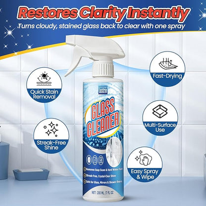 Instant Shine Bathroom Glass Cleaner with Microfiber Towel – Removes Hard Water Limescale, Soap Scum on Shower Doors, Tiles & Mirrors | Streak-Free No Residue Fast Drying Multi-Surface Safe (200ml)