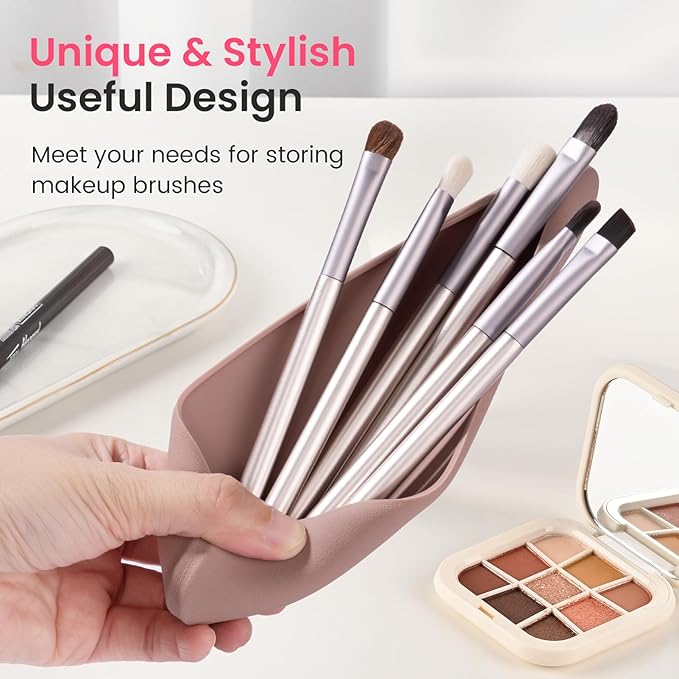 Travel Makeup Brush Holder, Silicon Trendy and Portable Cosmetic Face Brushes Holder, Make Up Organizer Bag Case, Cosmetic pouch,Toiletry Organizer (Khaki)