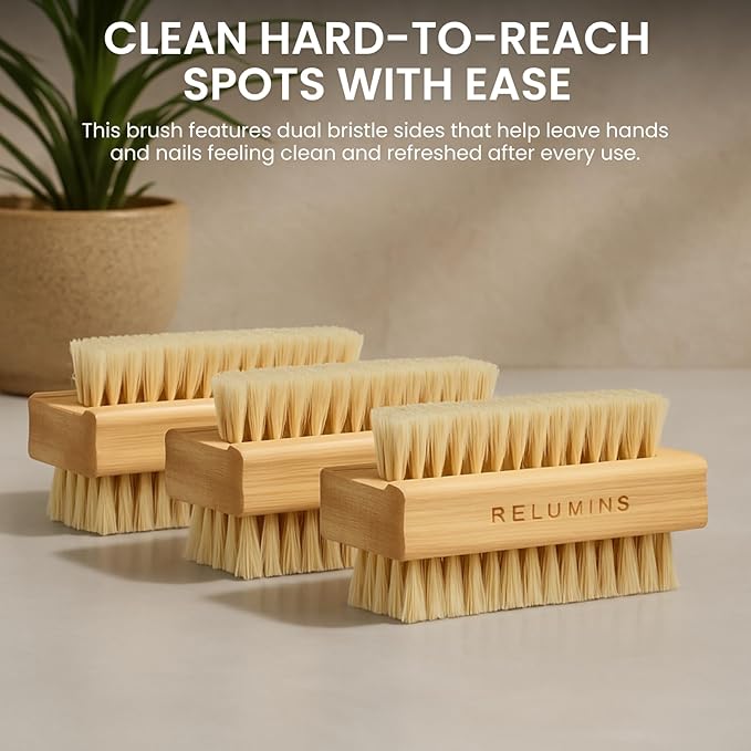 Relumins Dual Sided Nail Brush Bamboo Handle Bristle Exfoliating Tool for Hand Foot Care Grooming Travel Hygiene Use - 3 PC Set