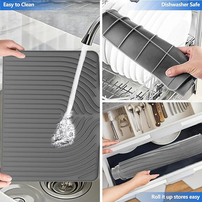 Dish Drying Mat for Kitchen Counter, with Built-in Drain Wide Lip, Food-Grade Silicone, Easy Clean Pad for Countertop Protection, Multi-Functional Use (18×12 Wide Lip, Grey)