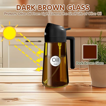 YARRAMATE 16oz/470ml Light Blocking Oil Sprayer for Cooking with Stickers, Food-Grade 2 in 1 Olive Oil Dispenser Bottle for Kitchen, Premium Dark Amber Glass Oil Bottle for Air Fryer, BBQ (Black)