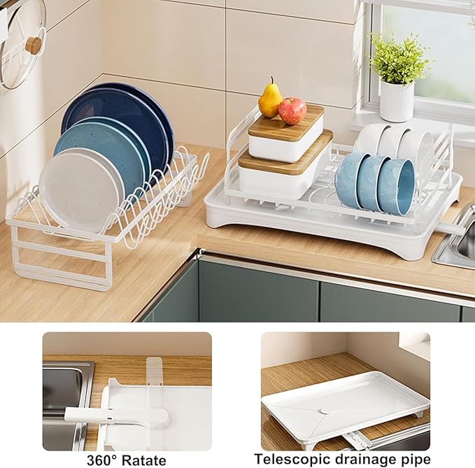 Kitchen Dish Drying Rack,2 Tier Dish Drying Rack with Draining Board, Kitchen Countertop Organizer, Multi-Use Utensil Organizer and Cup Holder, White