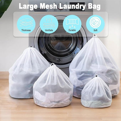 Mesh Laundry Bags with Adjustable Single Shoulder Straps Sturdy Nylon Material Laundry Liners with Drawstring Closure for College, Dorm and Apartment(4PCS-M,L,XL,XXL)