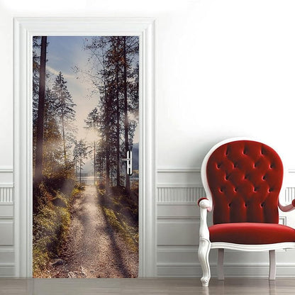 A.Monamour 3D Door Stickers for Interior Doors A Pathway Through Forest in The Morning Nature Scenery Vinyl Waterproof Self Adhesive Door Mural Decals for Bedroom Office Bathroom 95x215cm