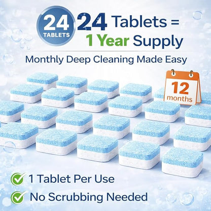 Washing Machine Cleaner Descaler Tablets 24 Pack – Deep Cleaning for HE Front Load and Top Load Washers – Septic Safe Eco Friendly Deodorizer for Drum and Tub Seal