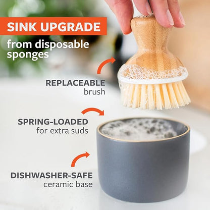 Full Circle Bubble Up Bamboo Dish Brush & Ceramic Soap Dispenser – Family Safe, Formaldehyde-Free – Kitchen Scrub Brush for Dishes, Nonstick & Cast Iron, Gray