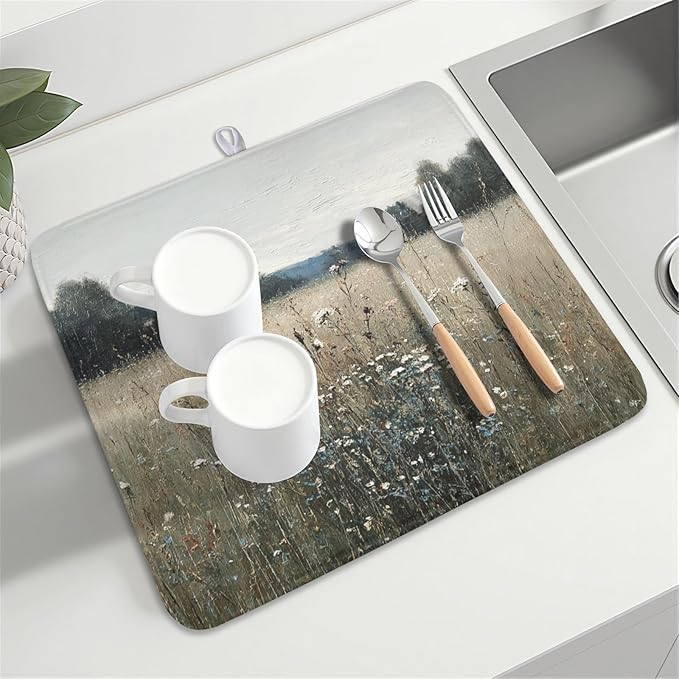 Oil Painting Drying Mat 18x16 Inch, Wildflowers Drying Mat with Absorbent Reversible Microfiber, Countryside Aesthetic Dish Drainer Mats Summer Rack Pad for Coffee Countertop Kitchen Protector