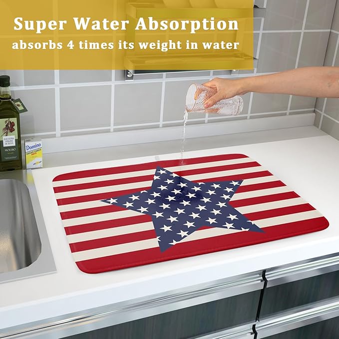 Blue Star Patriotic July of 4th Dish Drying Mat for Kitchen Counter 18x24 Independence Day Red Striped Absorbent Reversible Microfiber Drying Mats Kitchen Countertop Protector Dishes Drainer Rack Pad