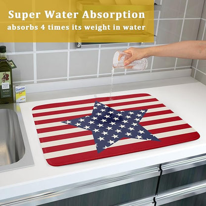 Blue Star Patriotic July of 4th Dish Drying Mat for Kitchen Counter 18x24 Independence Day Red Striped Absorbent Reversible Microfiber Drying Mats Kitchen Countertop Protector Dishes Drainer Rack Pad