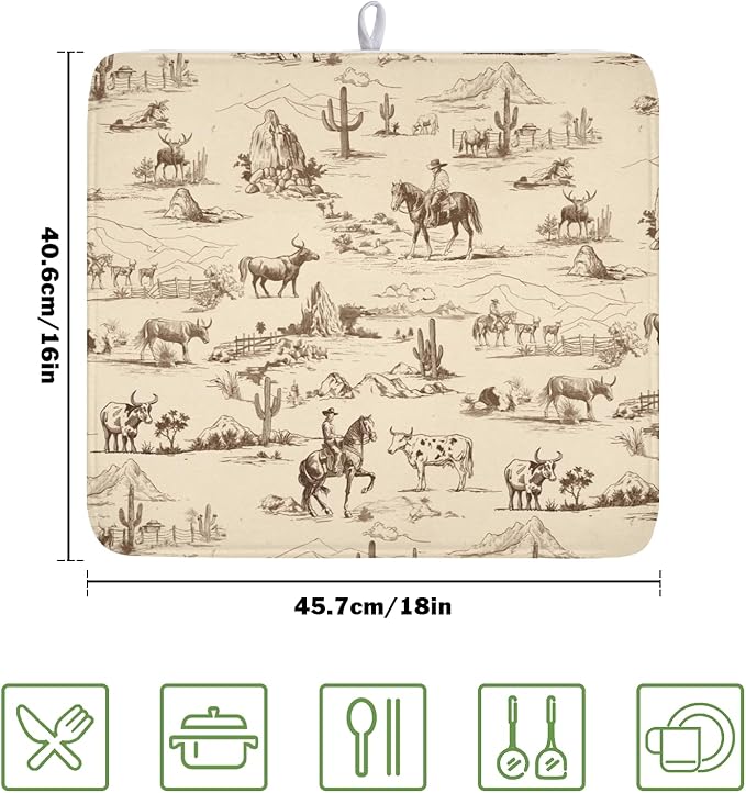 Cowboy Dish Drying Mat 18x16 Inch, West Drying Mat with Absorbent Reversible Microfiber, Cactus Dish Drainer Mats Summer Western Rack Pad for Coffee Countertop Kitchen Protector