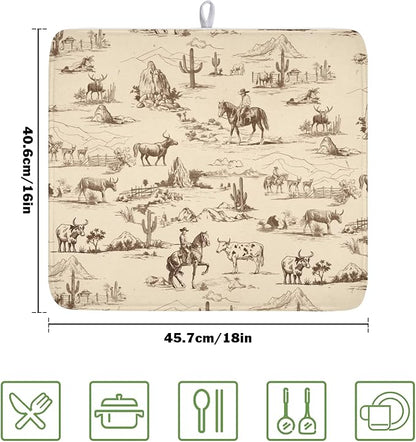 Cowboy Dish Drying Mat 18x16 Inch, West Drying Mat with Absorbent Reversible Microfiber, Cactus Dish Drainer Mats Summer Western Rack Pad for Coffee Countertop Kitchen Protector