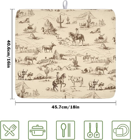 Cowboy Dish Drying Mat 18x16 Inch, West Drying Mat with Absorbent Reversible Microfiber, Cactus Dish Drainer Mats Summer Western Rack Pad for Coffee Countertop Kitchen Protector