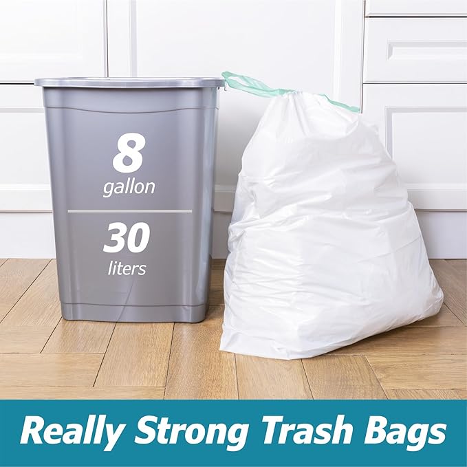 8 Gallon Drawstring Garbage Bags 0.8 Mil Ultra Strong Medium Kitchen Trash Bags Medium Plastic Bags - Individual, Unscented, White, 23"x27", 50 Count