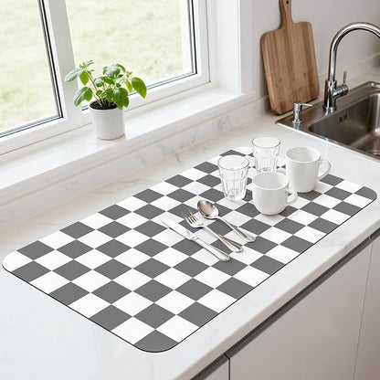 17" x 32" Checkered Dish Drying Mat for Kitchen Counter, Absorbent Coffee Bar Mat for Espresso Machine Coffee Countertops Accessories (Grey)