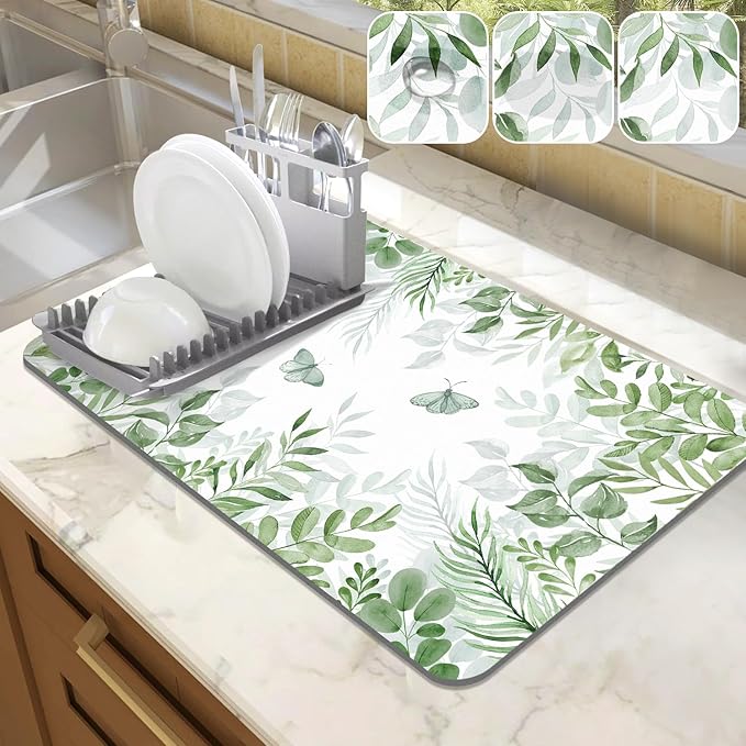 LOKHOM Dish Drying Mat for Kitchen Counter, 12"x20" Absorbent Coffee Bar Mat with Green Plant & Butterfly, Dish Drainer Rack Mats for Kitchen Counter Coffee Maker Pot Dining Room Decoration