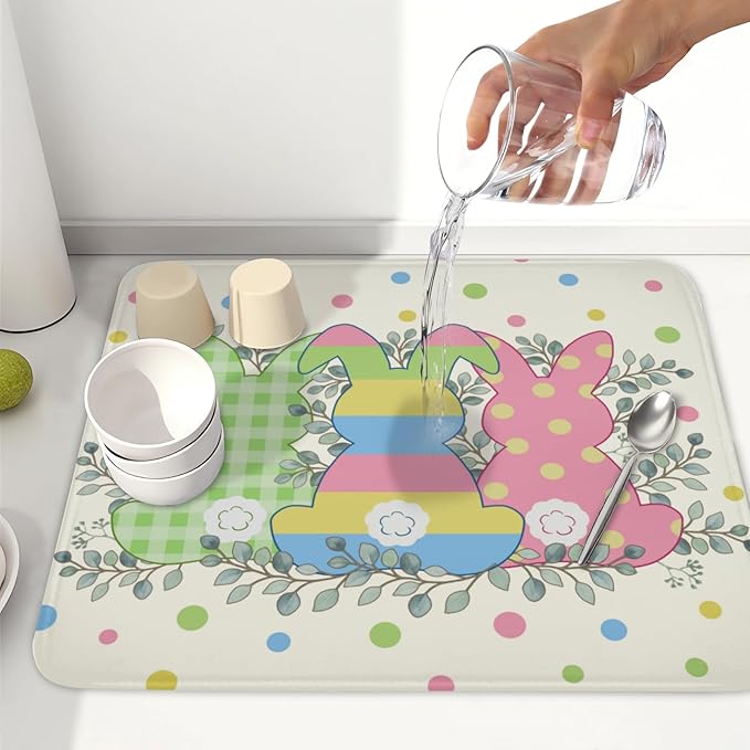 Easter Bunny Dish Drying Mat for Kitchen Counter Cute Rabbit Colorful Polka Dots Pattern Drying Mat 16x18 Inch Spring Holiday Absorbent Dish Drainer Mat Kitchen Accessories