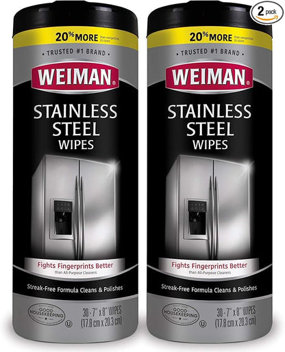 Weiman Stainless Steel Cleaning Wipes [2 Pack] Removes Fingerprints, Residue, Water Marks and Grease From Appliances - Works Great on Refrigerators, Dishwashers, Ovens, Grills and More