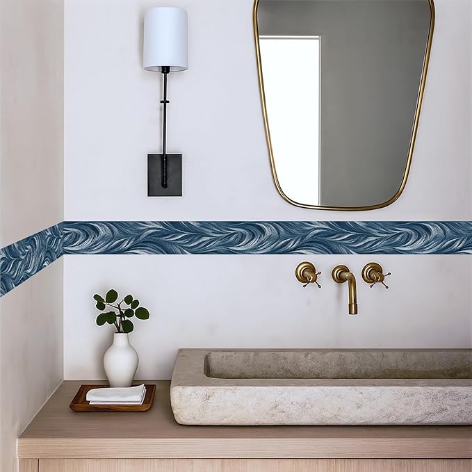 Blue Abstract Wallpaper Border 196x4 Inch Peel and Stick Wall Border Modern Wave Pattern Removable Vinyl Wall Trim Bathroom Kitchen Living Room Bedroom Home Decor