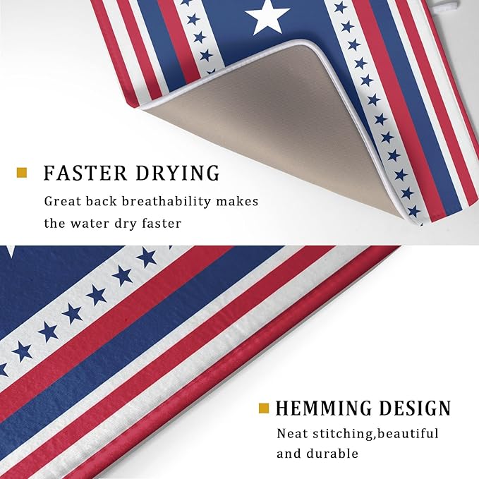 4th of July Dish Drying Mat For Kitchen Counter Independence Day Patriotic Star Stripes Memorial Day Microfiber Absorbent Drying Mats Reversible Kitchen Countertop Drainer Pad 18x24 Inch