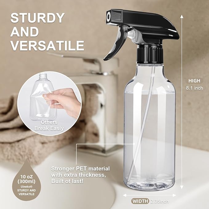 Uineko Spray Bottles 2-Pack, 10 Oz, Mist & Stream, Heavy Duty Spraying Empty Water Sprayer Bottle, BPA Free Plastic Refillable Containers for Cleaning Solutions, Plants, Hair, Essential Oils (Clear)