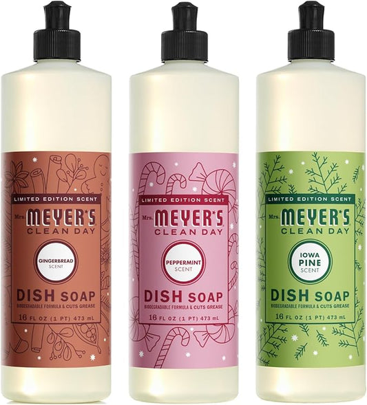 Mrs. MEYER'S CLEAN DAY Dish Soap 3 Pack Variety, 16 OZ Each, 1 CT (Iowa Pine + Peppermint + Gingerbread (Dish Soap))