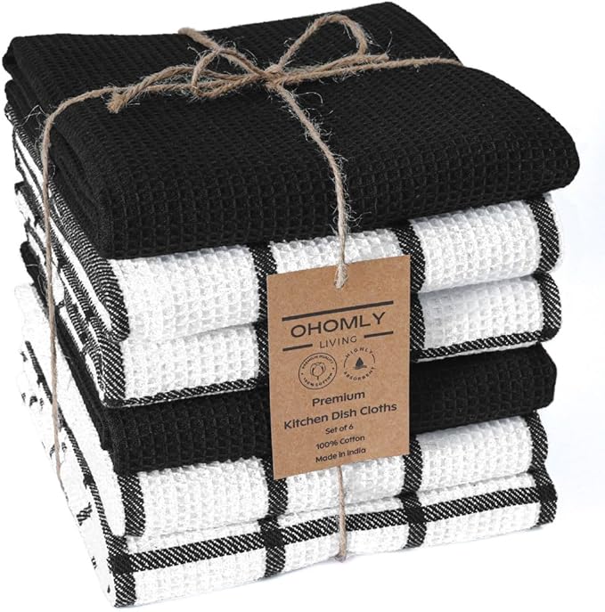 Assorted Waffle Kitchen Towels 100% Cotton Set of 6 - Heavy Duty 320 GSM Quality Dish Cloths - Soft Absorbent Washable for Kitchen Use - Quick Drying Dish Towel 16x26 inch Black