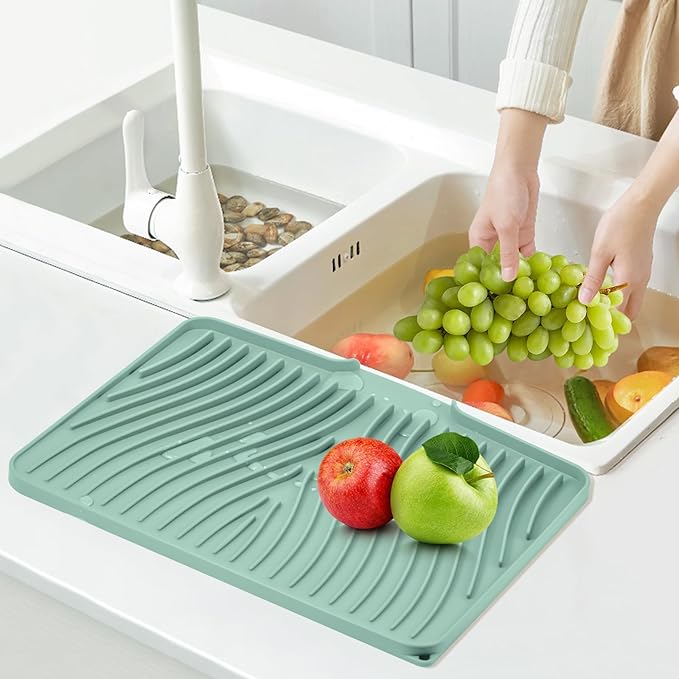 TIKNIK Silicone Dish Drying Mat, Stone Drying Mat for Kitchen Counter with Built-In Drain, Non-Slip Drain Pad with Built-in Drain, Heat Resistant Stone Drying Mat, Hangable, Mint-1pcs, 16" x 12"