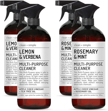 Clean + Simple Multi Purpose Cleaners | With Apple Cider Vineager, Rosemary, And Tea Tree Oil | Set of 4 32oz bottles | Home and Body Company