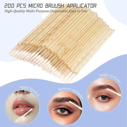 300 PCS Eyelash Extension Supplies Kit, Disposable Micro Applicator Brush, Eyebrow Lash Spoolie, Lip Brush, Mascara Wand Applicator (Crystal gold handle white kits)