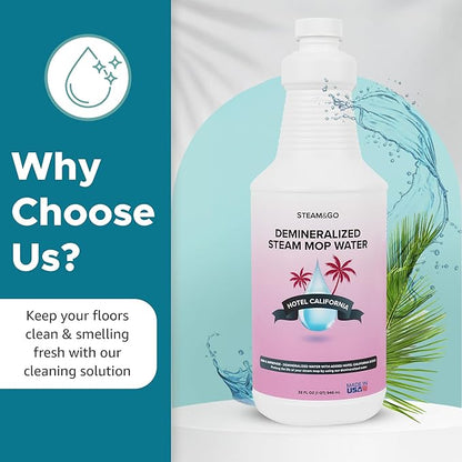 Steam & Go Deminerilized Water - Multi-Surface Cleaner for Steam Cleaners, Hardwood Floors, Kitchens, & Bathrooms - Germ-Killing Formula - Hotel California Scent - 32 Ounces (Pack of 12)