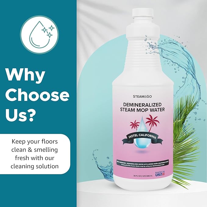 Steam & Go Deminerilized Water - Multi-Surface Cleaner for Steam Cleaners, Hardwood Floors, Kitchens, & Bathrooms - Germ-Killing Formula - Hotel California Scent - 32 Ounces (Pack of 6)