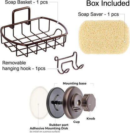 HASKO Suction Cup Soap Dish for Shower Wall, Rustproof Stainless Steel, Shower Soap Holder with Hooks, Includes Optional No Drill Adhesive Mount for Bathroom and Soap Saver, Bronze
