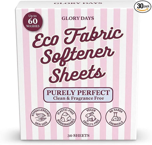 Glory Days Fabric Softener Sheets for Washer — Replaces Liquid Softener, Hypoallergenic, Fragrance Free, Sensitive Skin Safe, Plastic-Free, 60 Loads