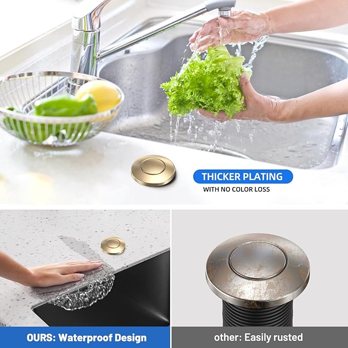 Garbage Disposal Air Switch Kit -Professional, Dual Outlet Sink Top Waste Disposer On/Off, Air Switch Button, UL Listed, Long/3.6“, Champagne Bronze