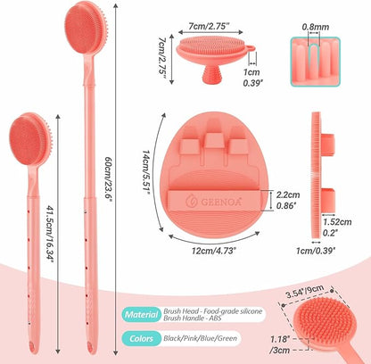 Silicone Back/Face Scrubber & Soft Bath Glove 3PCS, 16''- 24'' Extendable Shower Back Scrubber, 360° Anti-Slip & Hand-fit Silicone Bath Glove, Manual Face Brush for All-Round Cleaning(Pink)