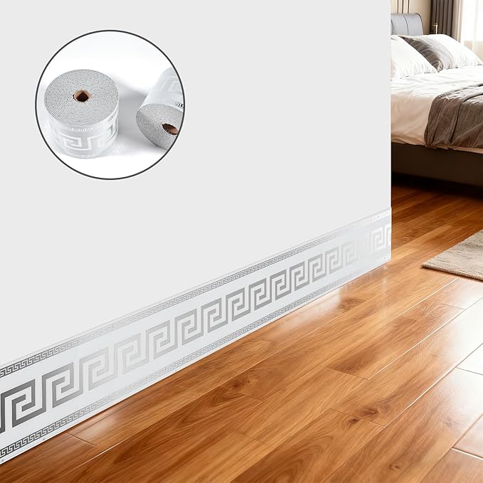 Peel and Stick Wallpaper Borders, Waterproof Self-Adhesive PVC Foam Wall Base for Kitchen Living Room Bedroom Bathroom, 3.93 Inch x 16.4 Ft (Silver)