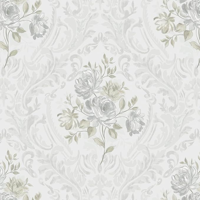 Ismoon Floral Peel and Stick Wallpaper Vintage White and Grey Contact Paper Boho Watercolor Damask Wallpaper Textured Removable Self Adhesive Vinyl Wall Paper for Bedroom, 17.3 in X 6.5 ft