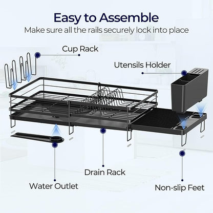 Large Dish Drying Rack, Expandable Dish Rack for Kitchen Counter, Upgraded Dish Drainer with Drainboard Set, Multifunctional Dishrack with Utensil Holder & Cup Holder, 13.4"-28.7" L x 11.8" W