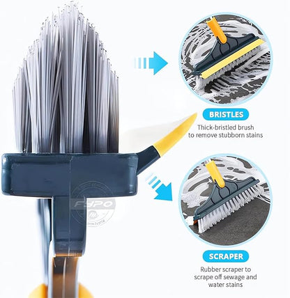 Cleaning Scrub Brush with Long Handle Heavy Duty - 2023 New Shower Powerful 2-in-1 Cleaning Tool with Soft Scraper Squeegee, V-Shaped Bristles Scrubber Deck Brush (Khaki)