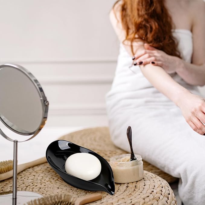 Soap Dish, Self Draining Soap Dishes 2PCS, Leaf Shape Ceramic Bar Soap Holder Drain Soap Dishes for Bathroom Sink Kitchen, Easy to Clean Keeps Soap Dry, Black, ANTIS'S HOME