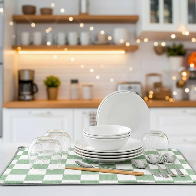 Zonon Green Checkered Dish Drying Mat for Kitchen Counter 16" x 24" Microfiber Absorbent Dish Drainer Rack Pads Fast Dry Mat Vintage Kitchen Decorations