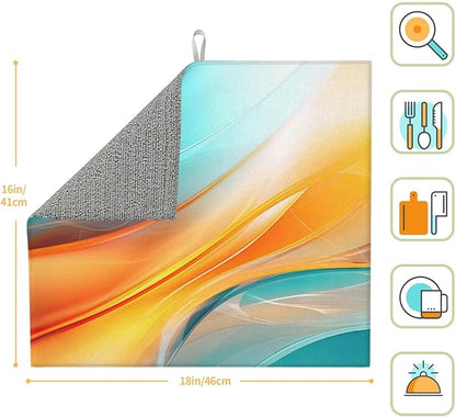 Teal Orange Geometric Wave Dish Drying Mat for Kitchen Counter, Absorbent Microfiber Drying Pad for Kitchen Dishes, 16" x 18" Polyester, Washable, Reusable, Foldable, for Dining Area, Small Appliances