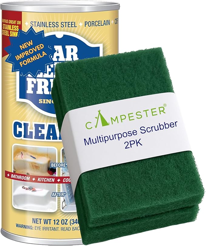 Campester Multipurpose Scrubbers Bundle for Bar-Keeper's Friend Powder Cleanser 12 oz. Stain Rust Remover. Bathroom, Kitchen Cleaner, Stainless Steel, Aluminum, Brass, Tile, Ceramic, Porcelain