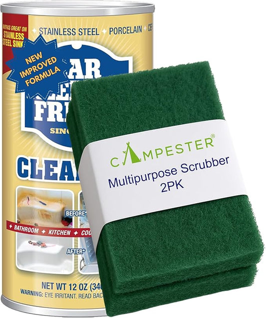 Campester Multipurpose Scrubbers Bundle for Bar-Keeper's Friend Powder Cleanser 12 oz. Stain Rust Remover. Bathroom, Kitchen Cleaner, Stainless Steel, Aluminum, Brass, Tile, Ceramic, Porcelain