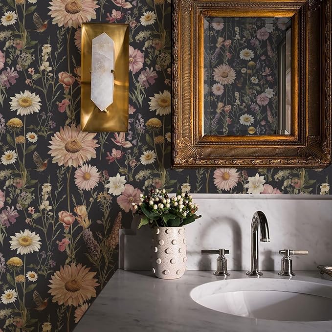 Livebor Dark Floral Peel and Stick Wallpaper Vintage Floral Contact Paper 16.9” x 196.8” Bird Flower Wallpaper Peel and Stick Boho Flower Self Adhesive Removable Wall Paper Decor for Cabinets Vinyl