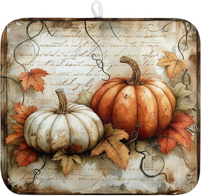 Fall Dish Drying Mat 16x18 Vintage Autumn Pumpkin Maple Leaf Drying Mat for Kitchen Counter Reversible Microfiber Drying Dish Pad Super Absorbent Dish Drainer Rack Mat for Home Coffee Bar Decoration